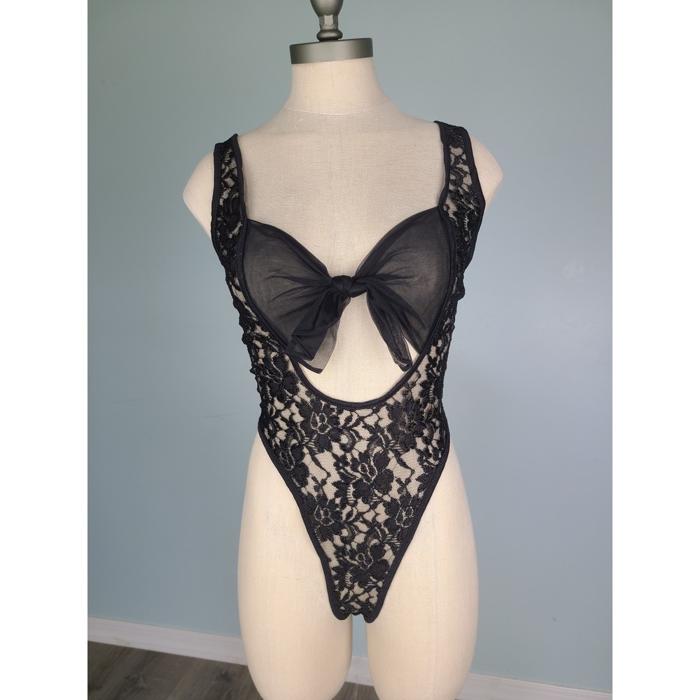 VTG Cinema Etoile S Teddy Bodysuit Black Lace Bow Tie Thong Y2K Retro Burlesque